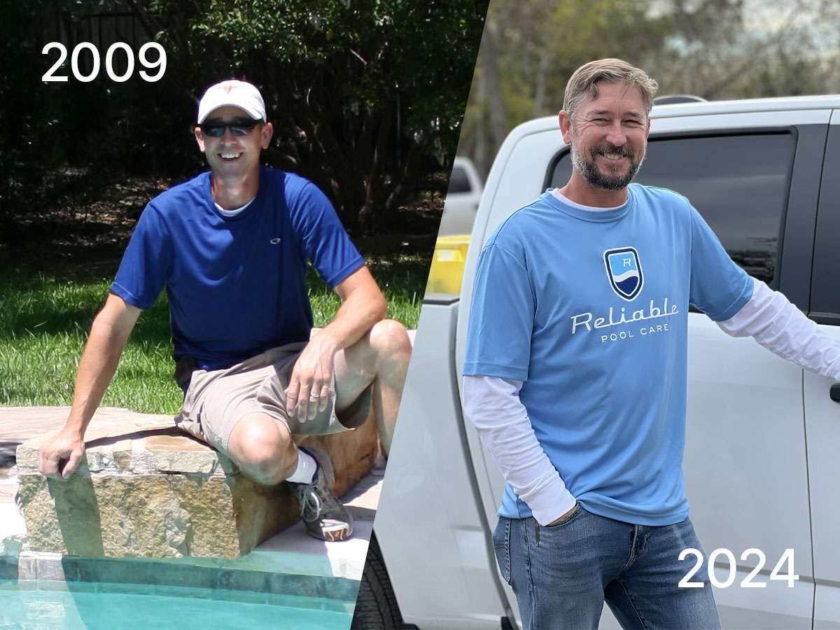 Bryan Thompson owner of Reliable Pool Care pictured in 2009 and 2024